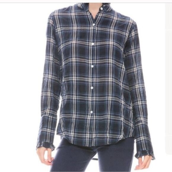 Nili Lotan Vivian Tribeca Design Shirt Navy White Plaid Ruffle Neck Medium - Picture 2 of 12